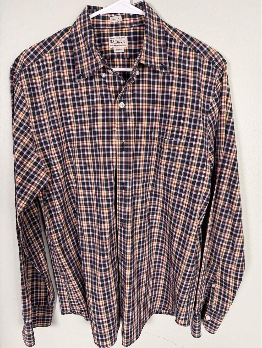 J.Crew‎ Slim Fit Plaid Button Down Shirt Red Yellow Blue Cotton, Lg